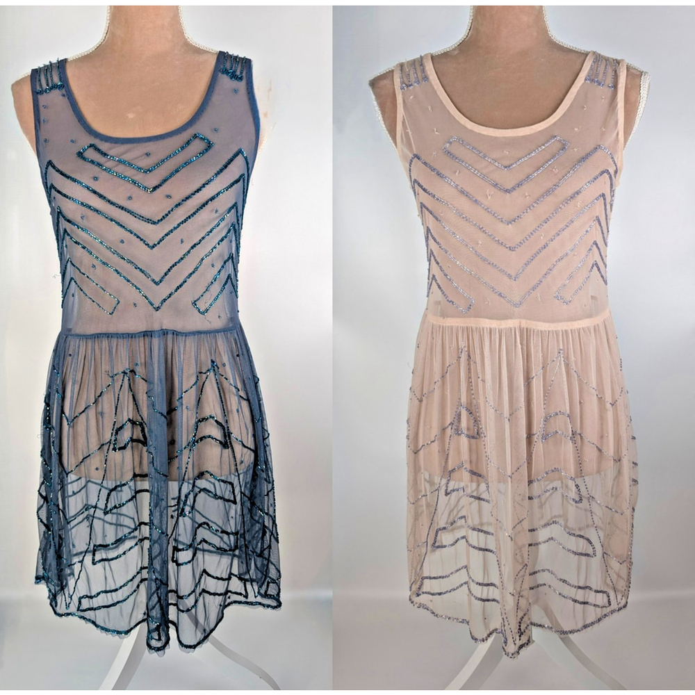Two Free People Embellished Mesh Mini Dress XS Beaded Pink Blue Y2K Boho Glam